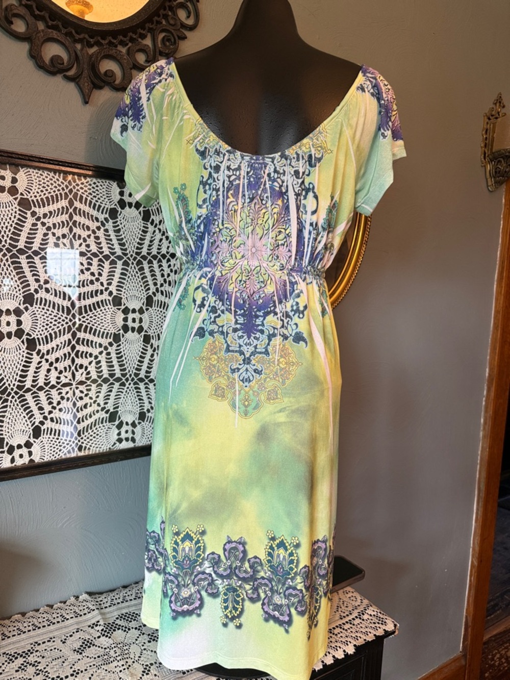 Kiara Pastel Green and Blue Printed Dress - Picture 3 of 5
